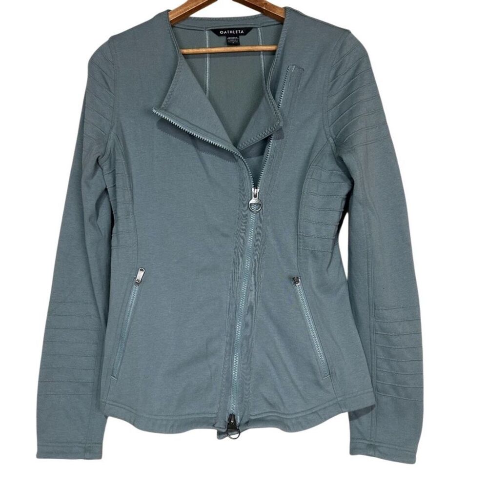 Athleta Women’s Moto Jacket Sweatshirt Minimalist Grey Green Full Zip Sz S